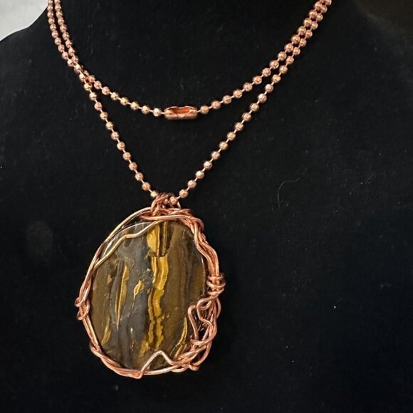 Tigers Eye Pendant Necklace Solid Pure Copper Chain Unisex Handmade Gift Tiger's - Picture 3 of 6